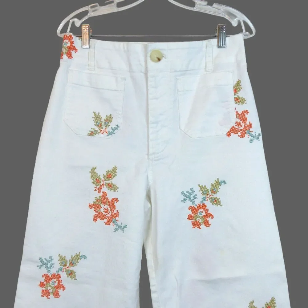 Maeve Anthropologie Colette Jeans 30 White Floral Embroidered Crop Wide Leg Boho